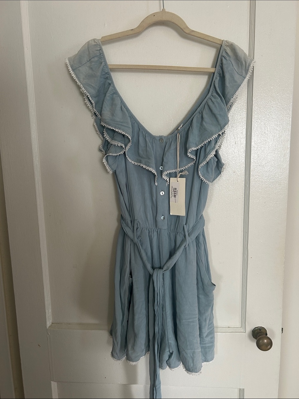 The Amelia Romper  Blue Ruffle-Trim Romper bnwt